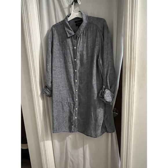 Tahari Blue Drop Waist Linen Button Down Tunic Top Sz L Side Slits - Picture 1 of 7